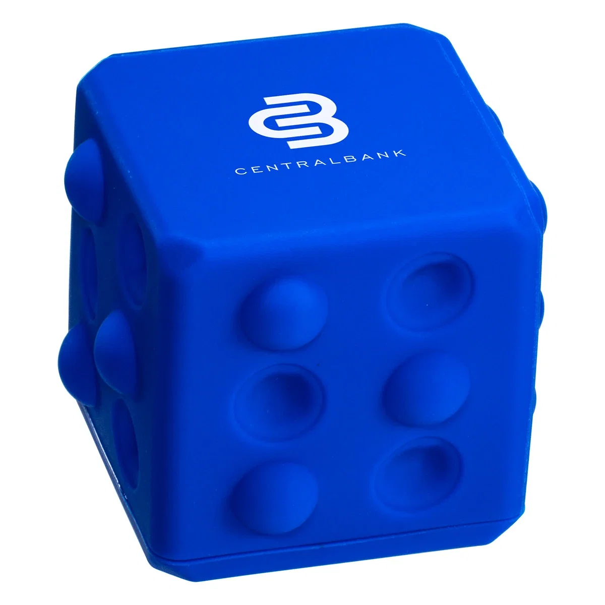 Push Pop Cube in blue, angled product shot showing the six bubble poppers on one face