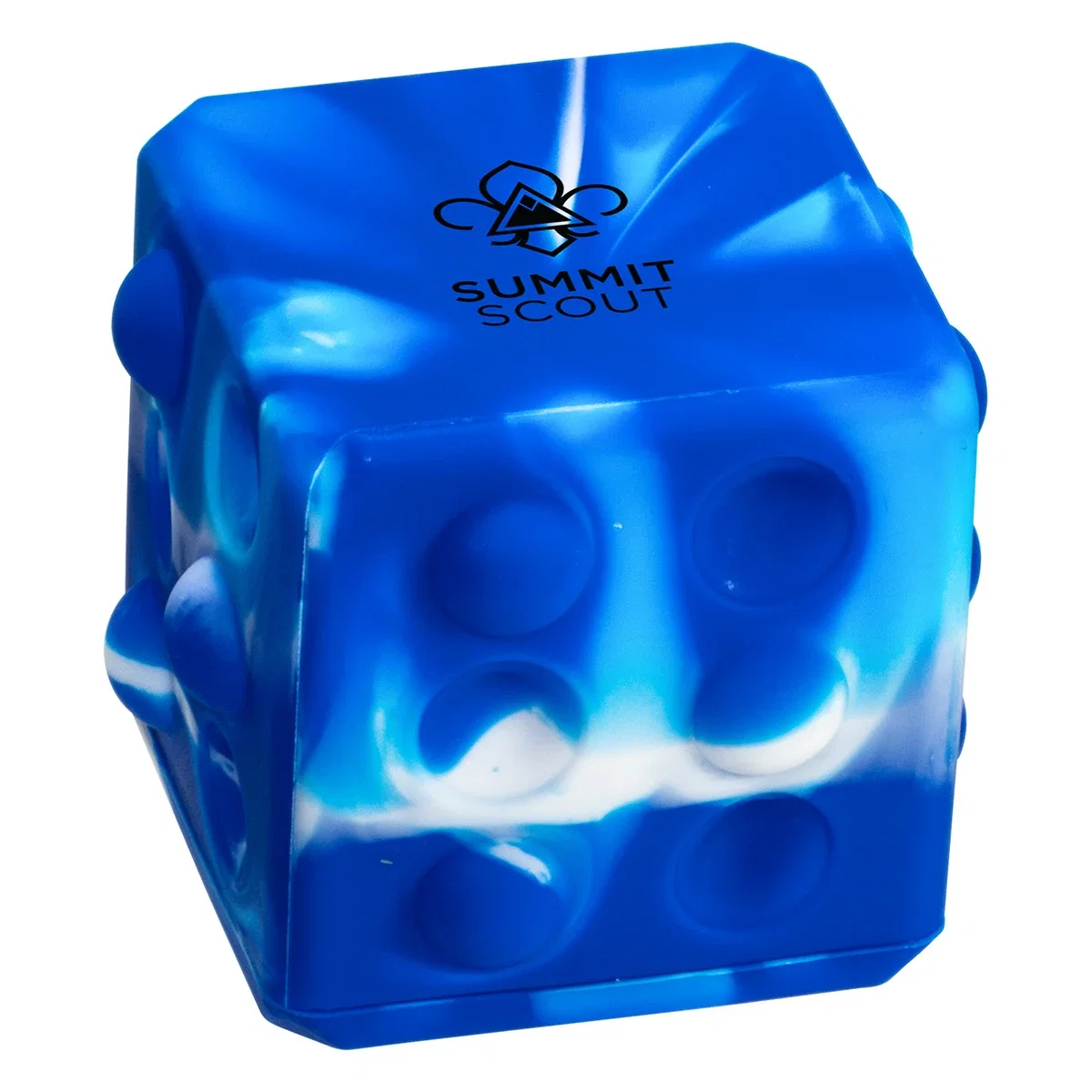 Angled view of the Push Pop Cube in blue and white showing multiple bubble-popper faces