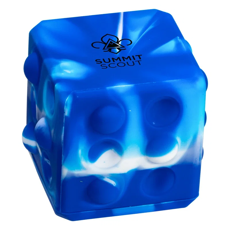 Angled view of the Push Pop Cube in blue and white showing multiple bubble-popper faces