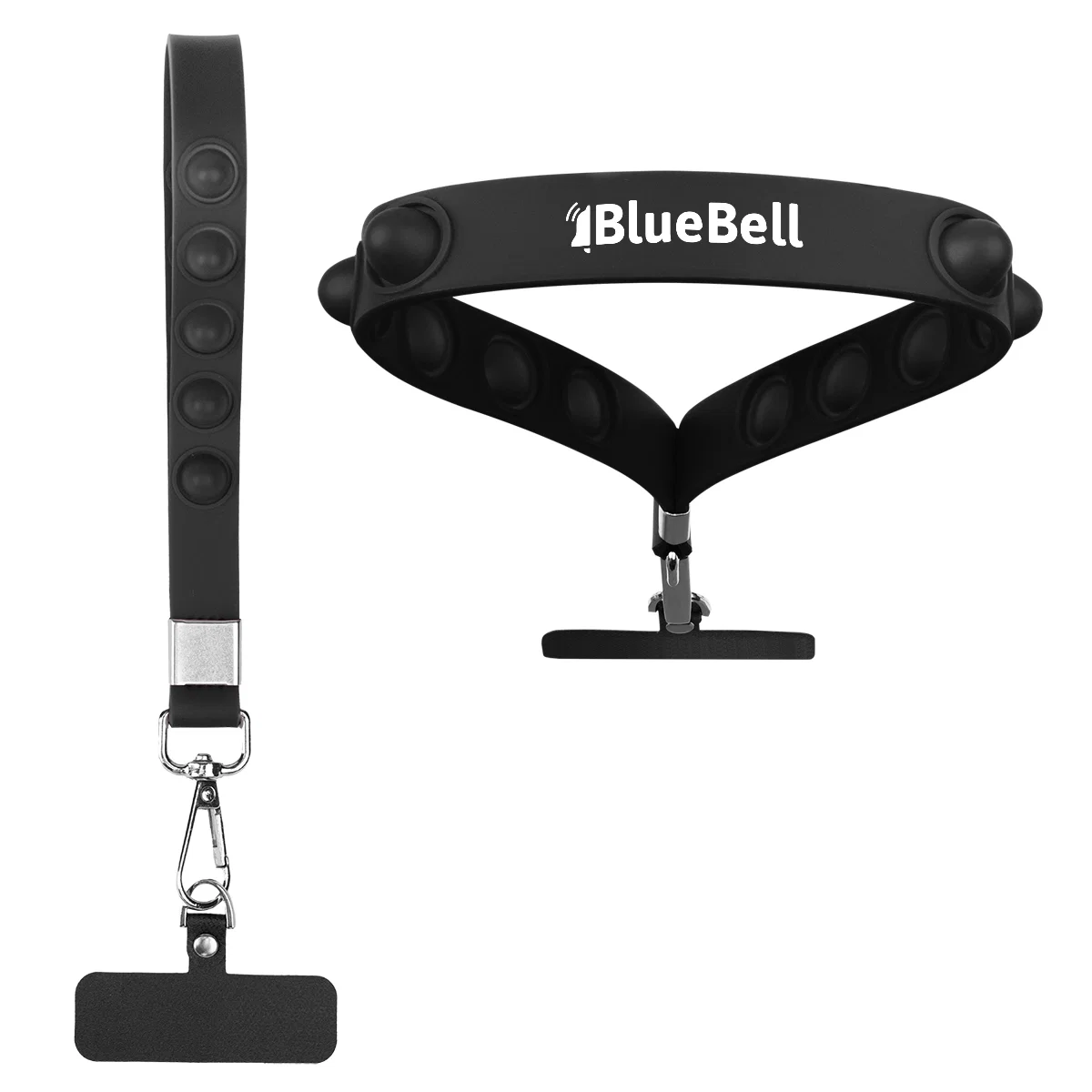 Bubble popping panel at the end of the strap