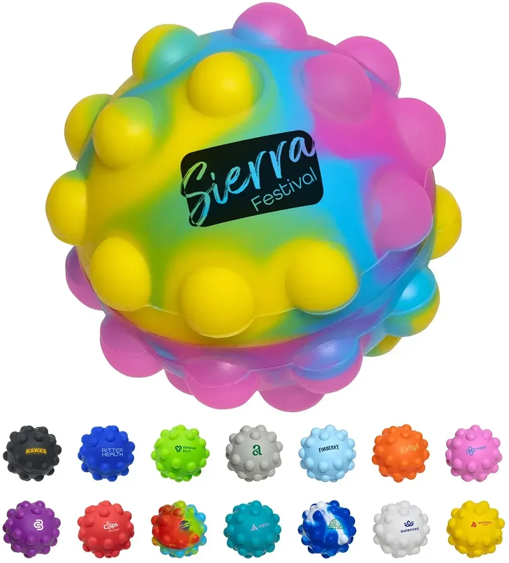 Push Pop silicone custom bounce ball front view, branded fidget toy for schools and clinics