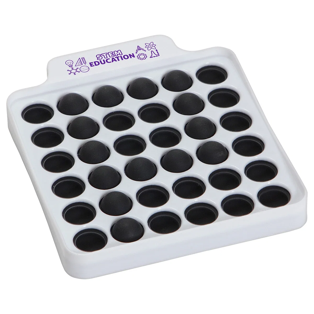 Square silicone push pop bubble game in a plastic case, playable solo or as a 2-player game