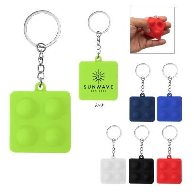 Square push pop fidget keychain with silicone bubbles, ready for a logo
