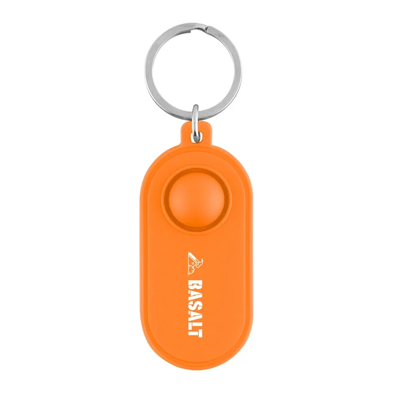 Orange stress reliever dangling from a bag zipper