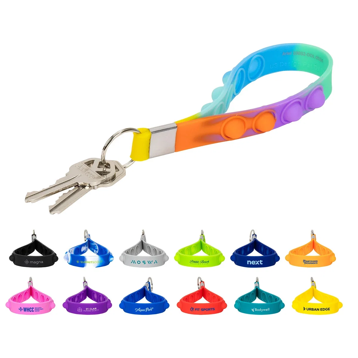 Custom Push Pop Stress Reliever Keychain, front view of the branded keychain