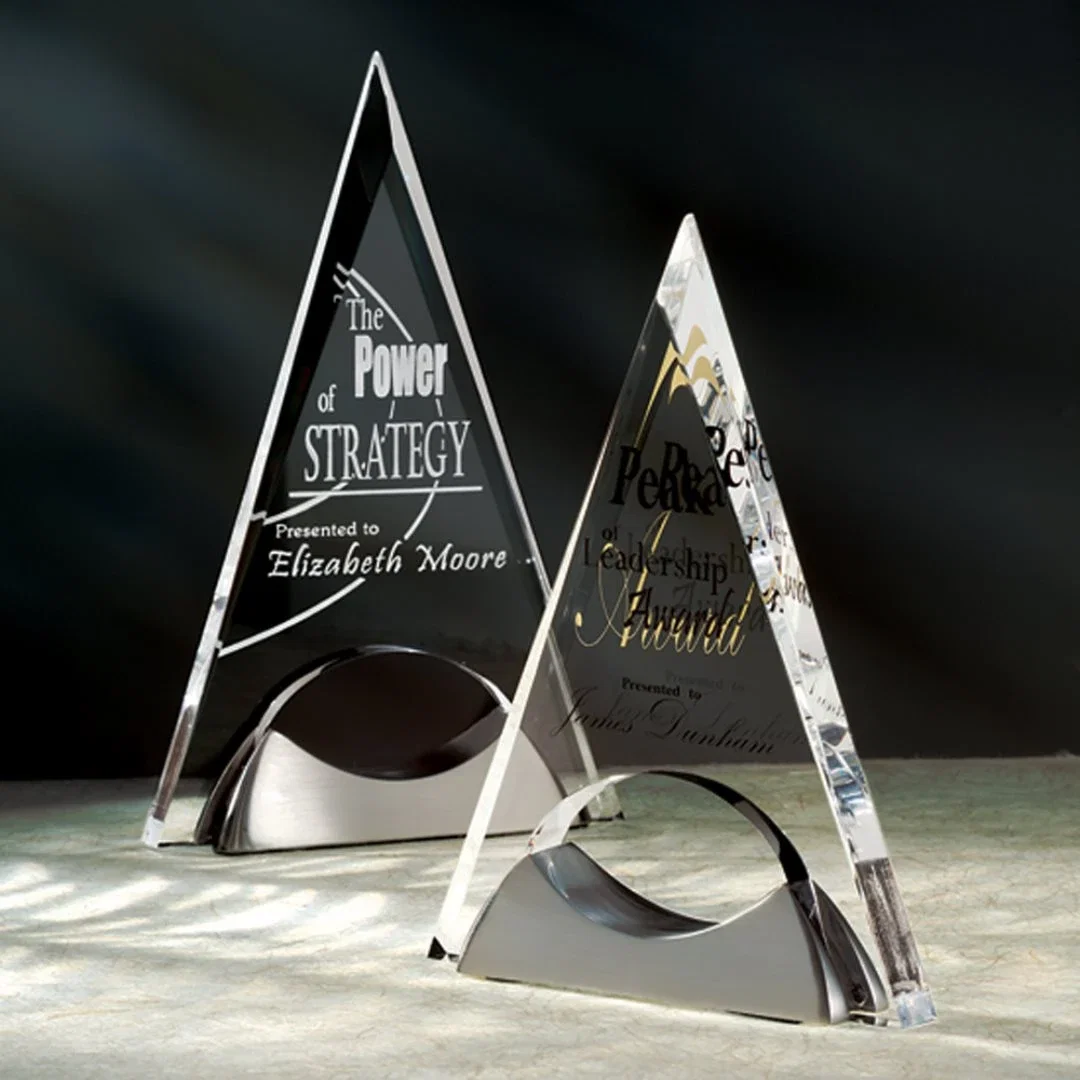 Custom Beveled Acrylic Arch Award on Satin Pewter Pyramid Base for employee recognition