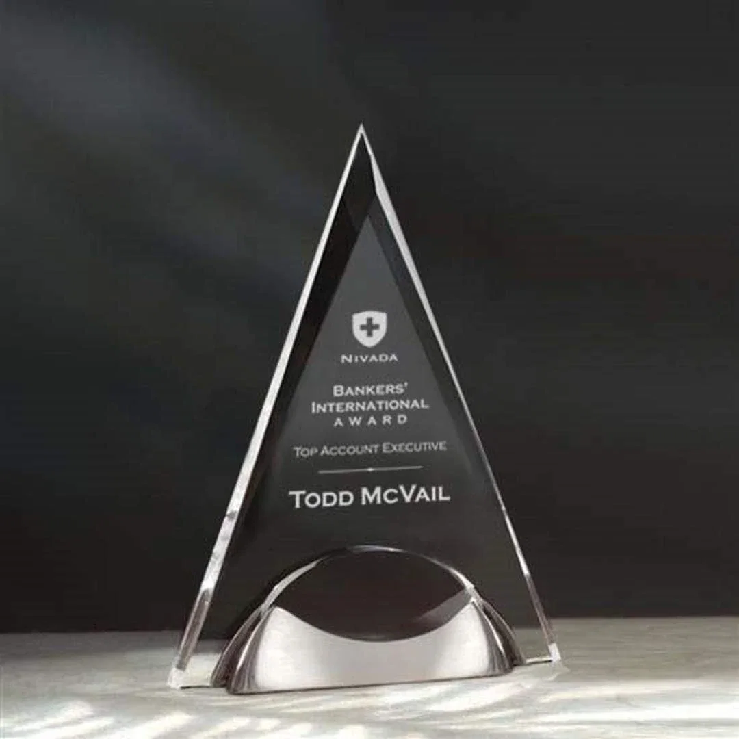 Custom Beveled Acrylic Arch Award on Satin Pewter Pyramid Base for corporate award ceremonies