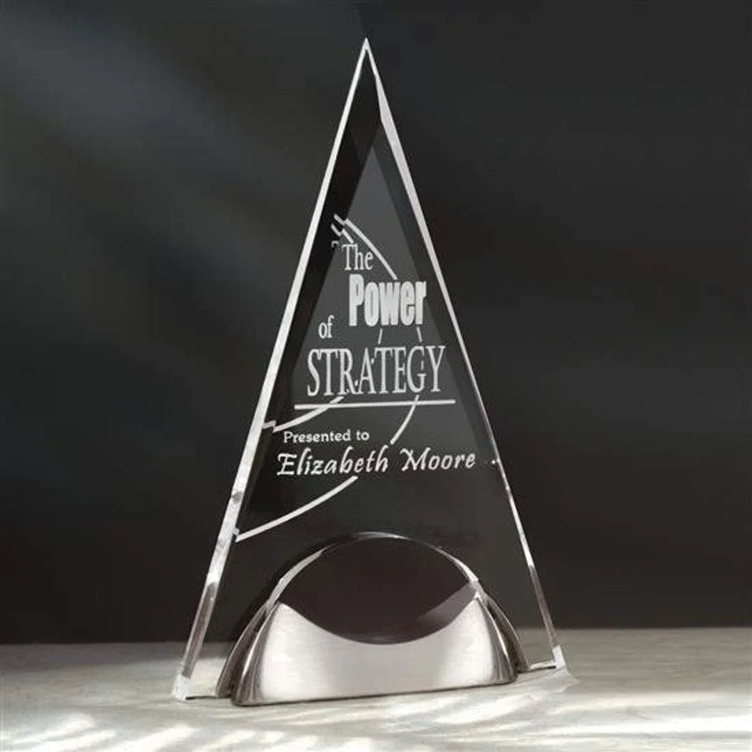Custom Beveled Acrylic Arch Award on Satin Pewter Pyramid Base for service anniversary gifts