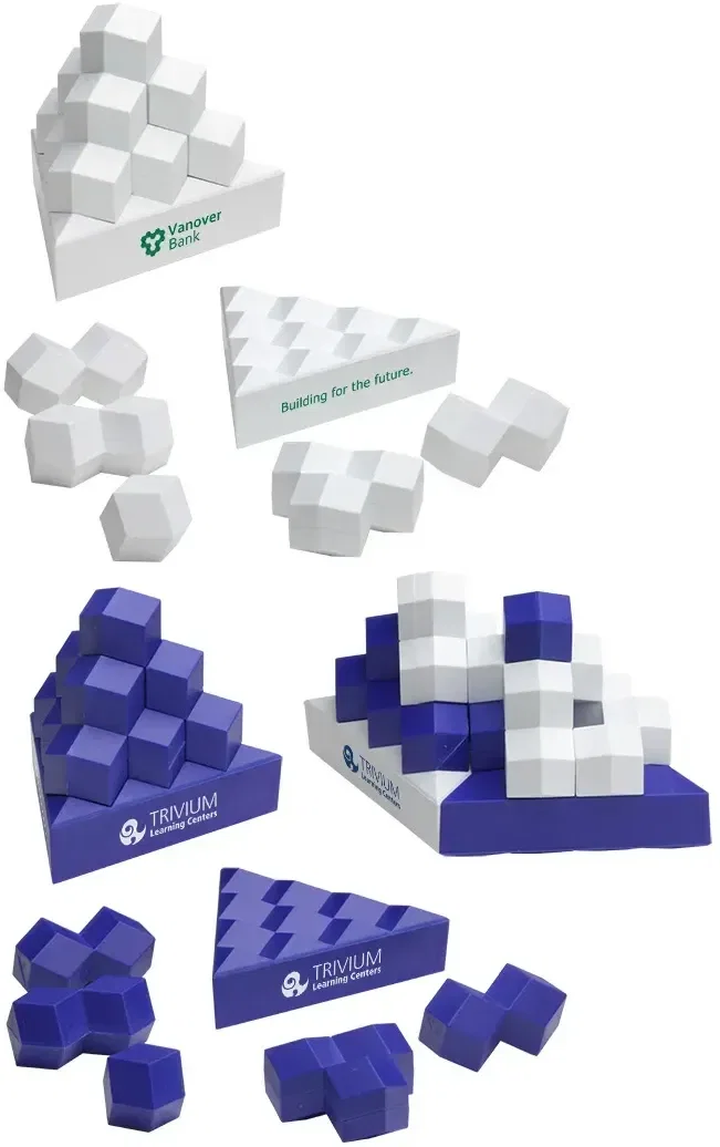 Branded promotional Pyramid Stack puzzle disassembled into interlocking pieces
