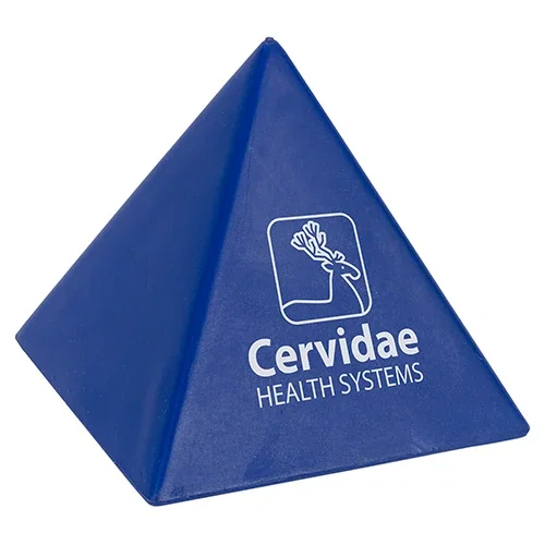 Custom Pyramid Stress Reliever, promotional foam squeeze toy angled view showing multiple imprint faces