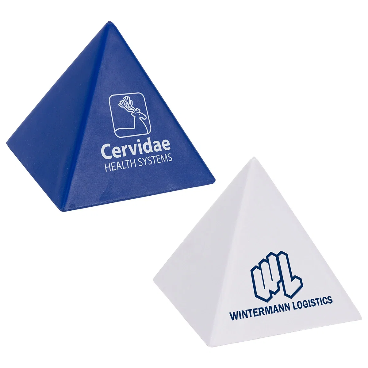 Custom Pyramid Stress Reliever, close-up of promotional four-sided foam squeeze toy branded face