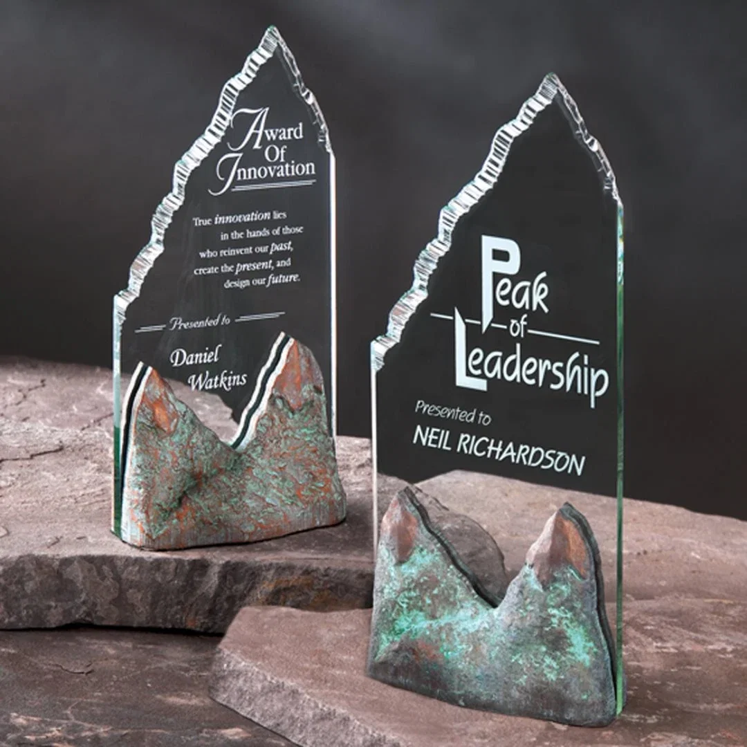 Custom Jade-Tone Ridged Acrylic Tower on Stonecast Mountain Base for employee recognition