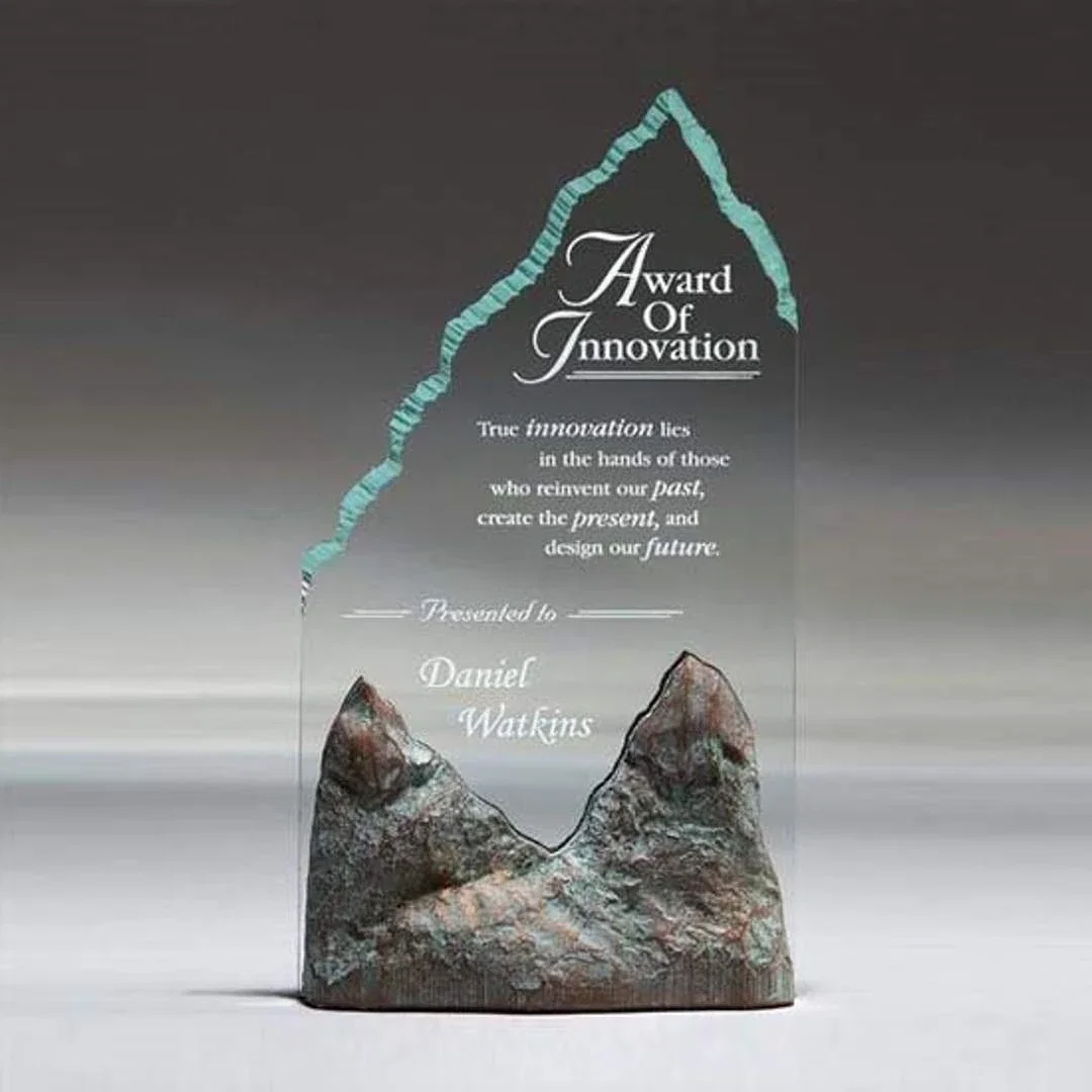 Custom Jade-Tone Ridged Acrylic Tower on Stonecast Mountain Base for corporate award ceremonies