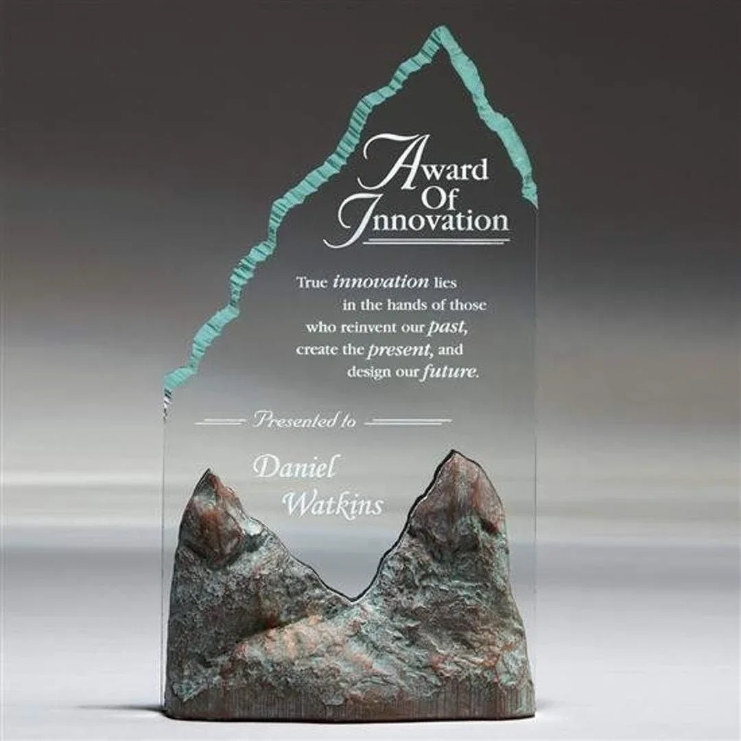 Custom Jade-Tone Ridged Acrylic Tower on Stonecast Mountain Base for service anniversary gifts