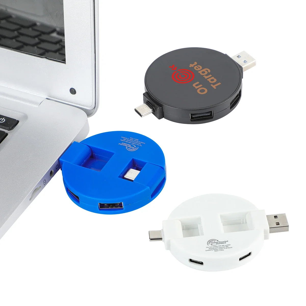 Quad USB hub with two USB-C ports, two USB-A ports, and recycled ABS casing