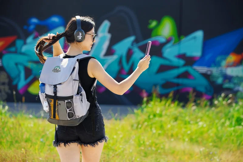 Close-up of the Quantum Urban Backpack's front zippered pocket and hardware