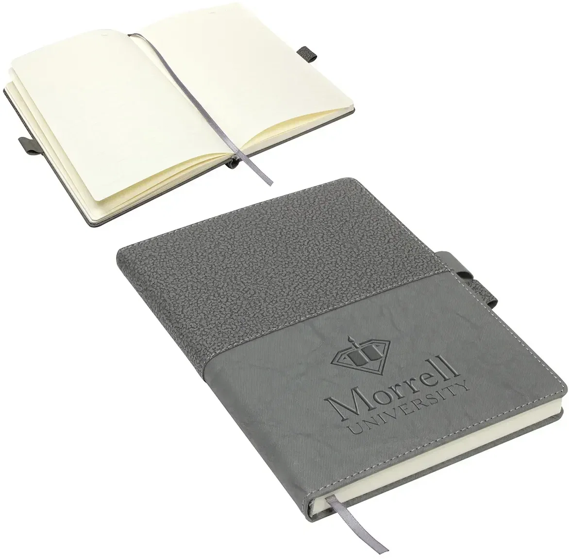 Angled view of the branded Quarry journal showing its interlocking pen closure, custom promotional journal