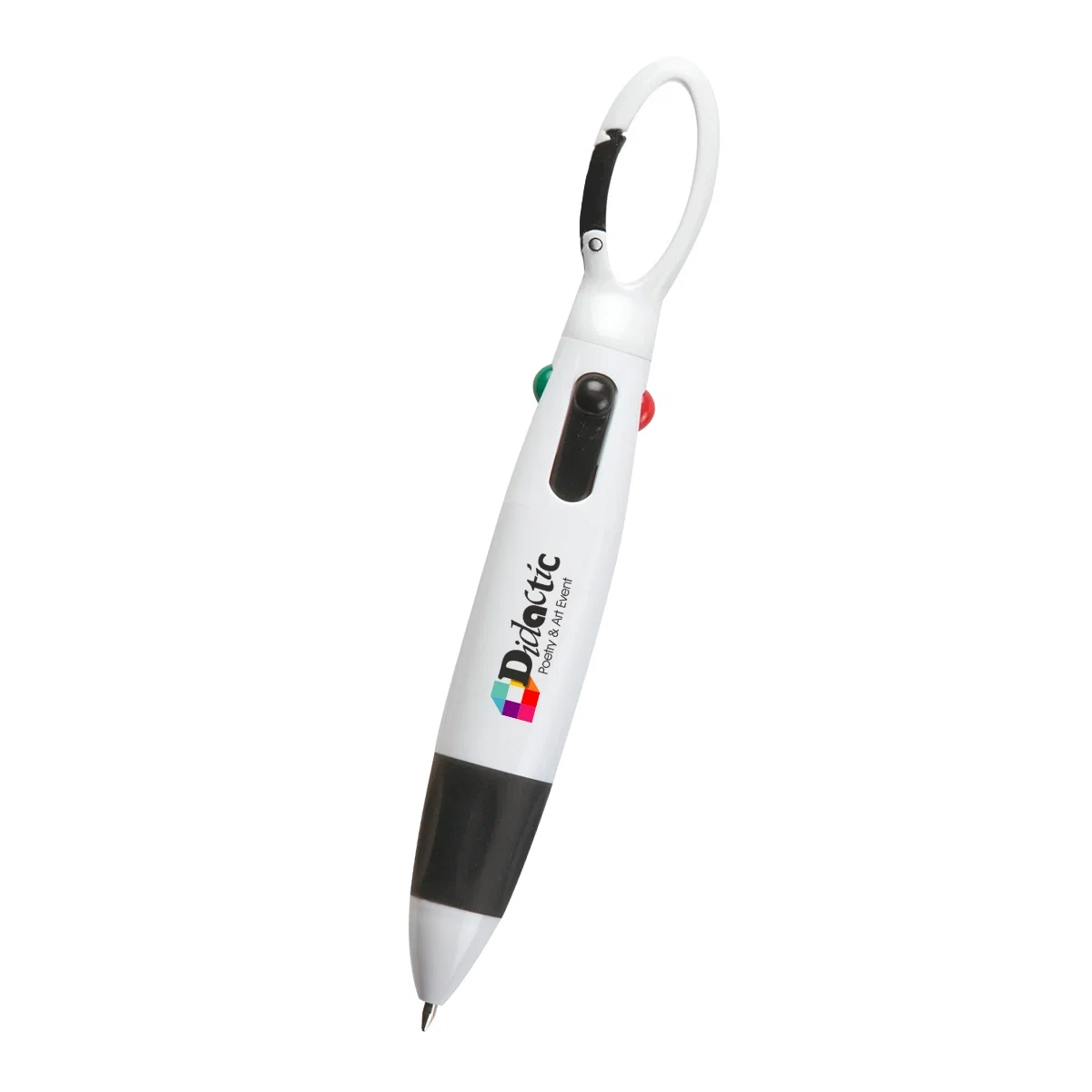White pen with a built in carabiner clip for attaching to bags