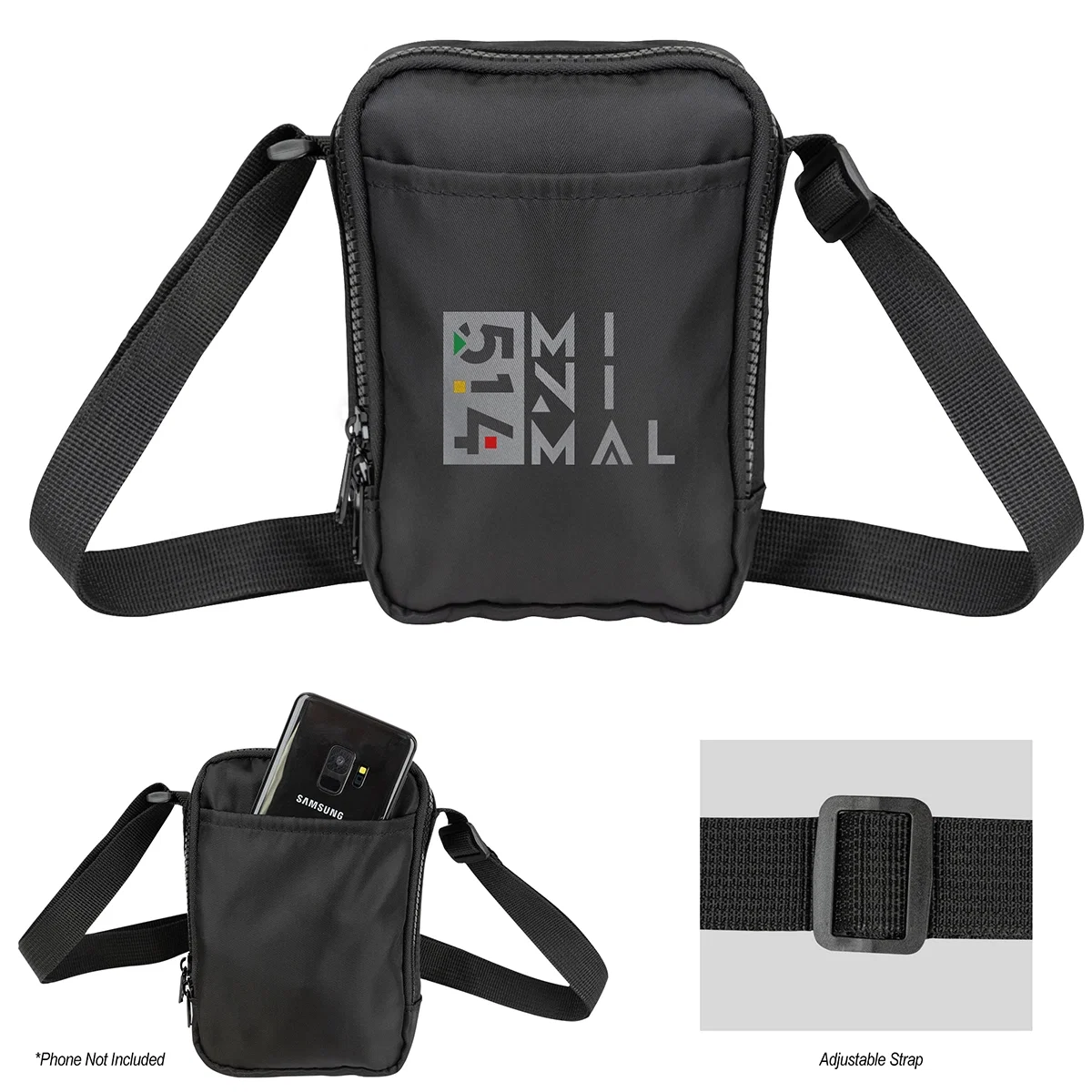 Compact rPET sling bag shown from the front with the strap laid flat