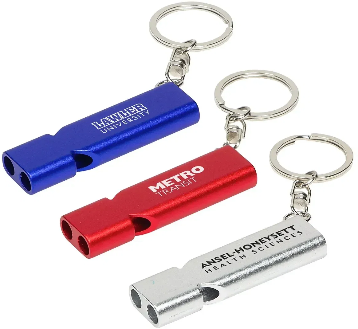 Quick-Alert custom aluminum safety whistle with branded logo, front view