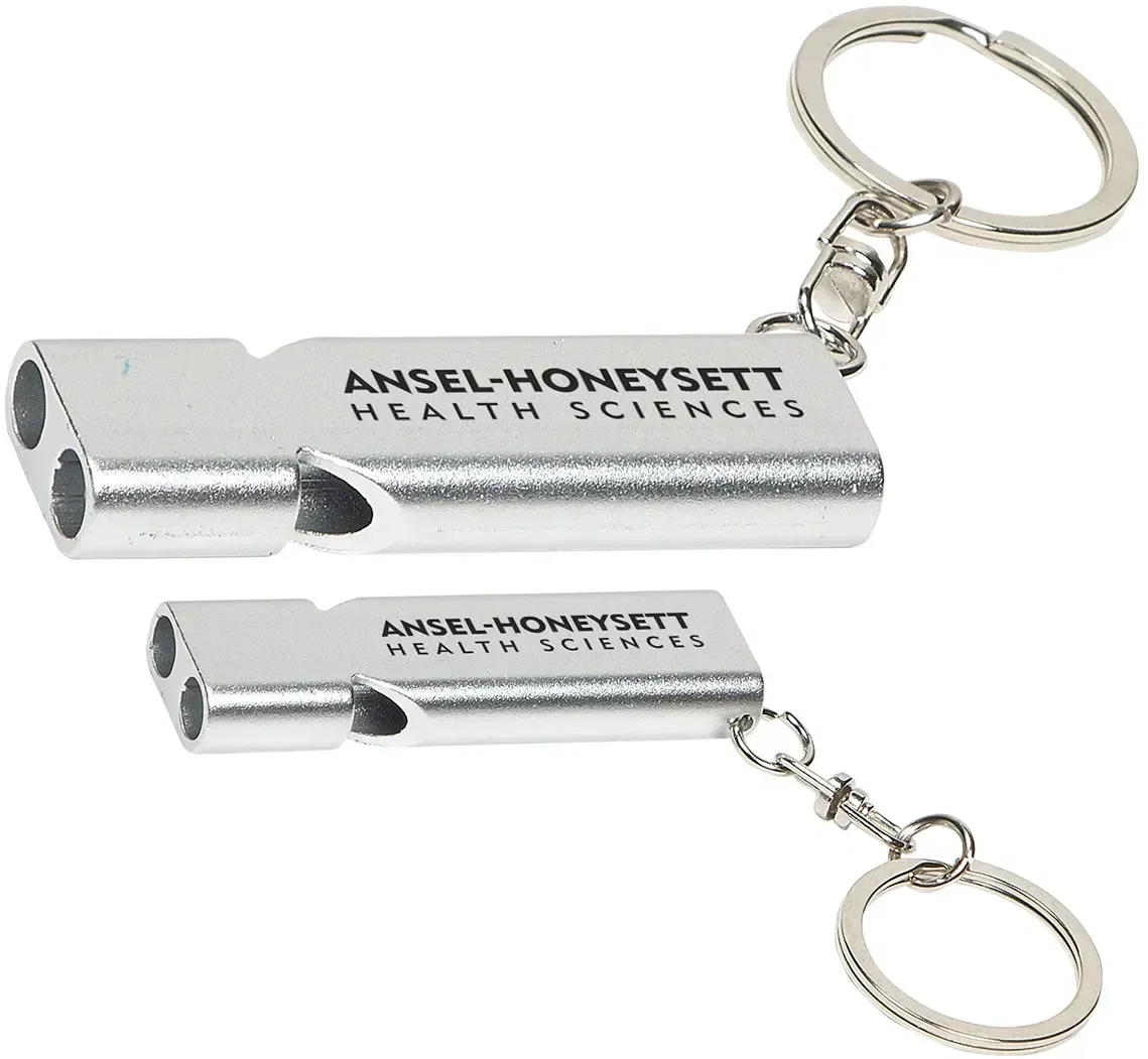 Promotional Quick-Alert safety whistle angled view showing loud-tone body