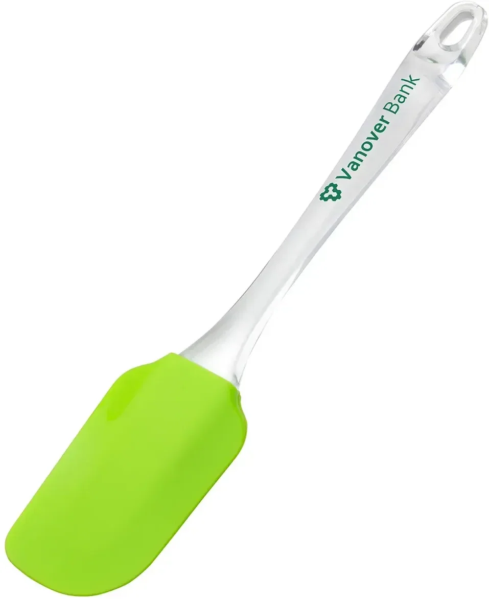Custom Quick Cook silicone spatula flipping food in a pan, kitchen use view
