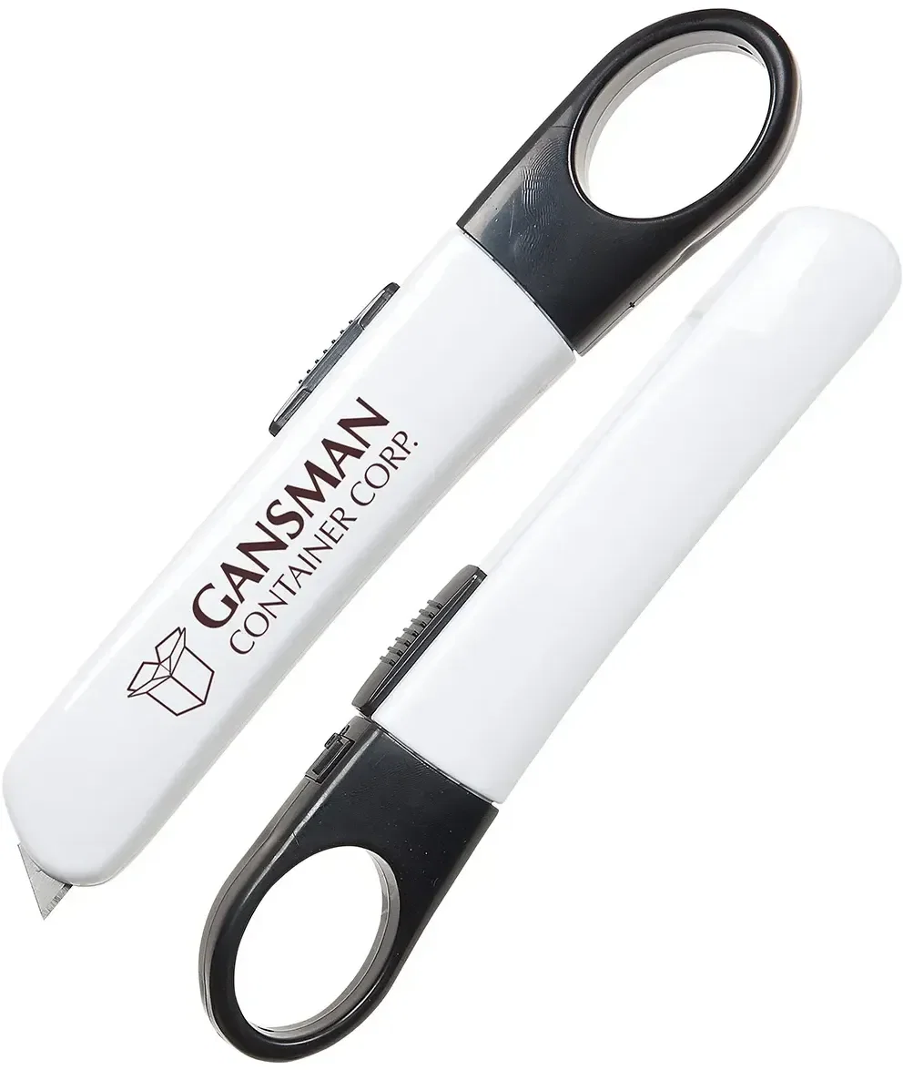 Custom Quick-Cut carton cutter with blade retracted, showing branded body