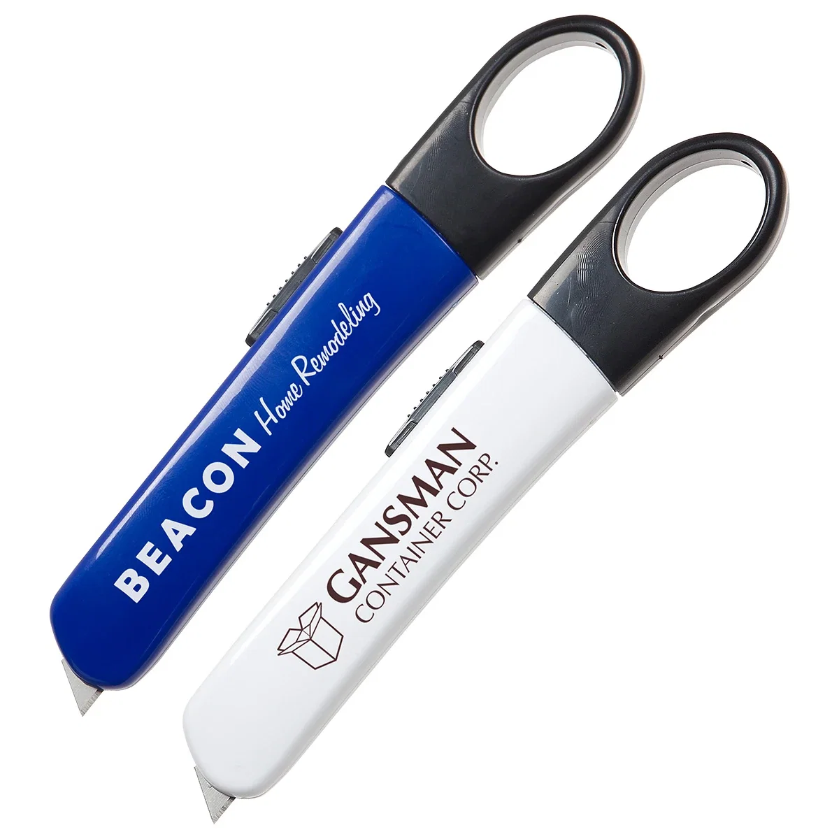 Close-up of Quick-Cut retractable box cutter blade and logo-ready imprint area