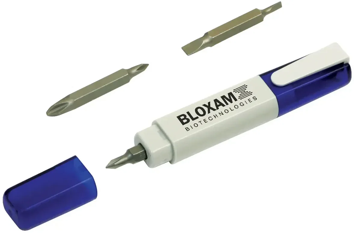 Quick Fix magnetic screwdriver pen, custom branded pocket screwdriver, hero view with logo