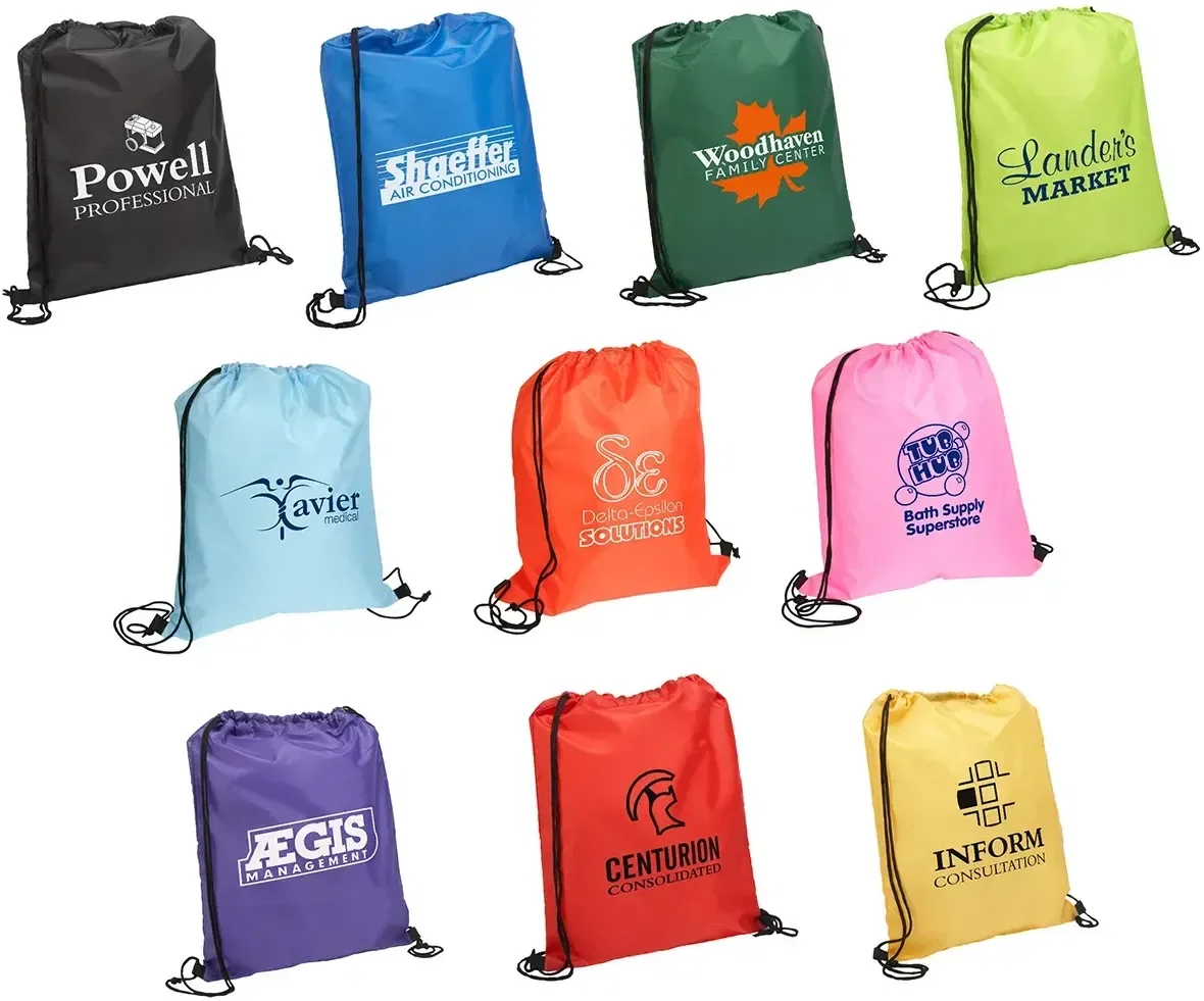 Quick Sling 190T Drawstring Backpack, custom promotional cinch bag front view with logo
