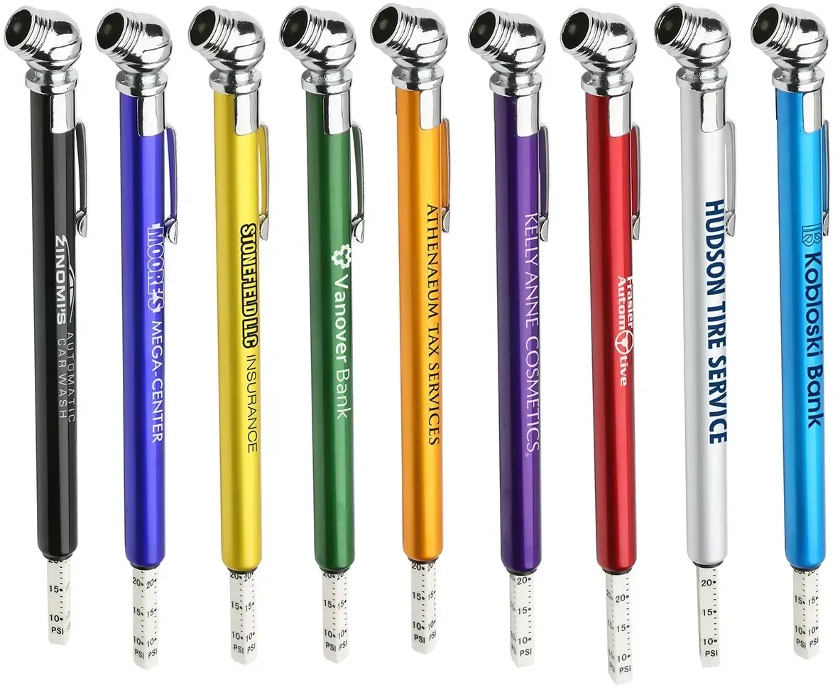 Quick View custom pencil tire pressure gauge with branded logo, front view