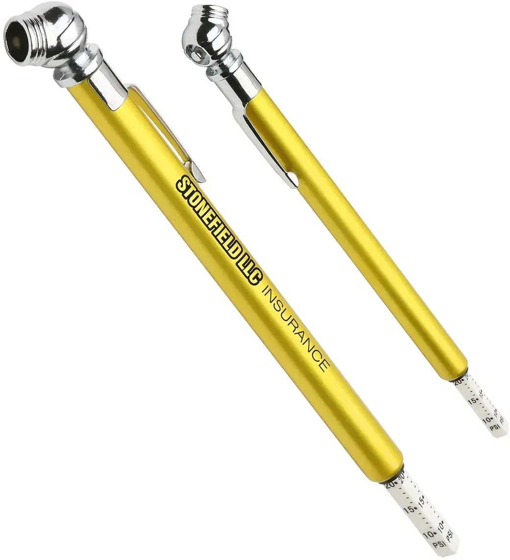 Branded promotional Quick View tire gauge showing extended pressure scale
