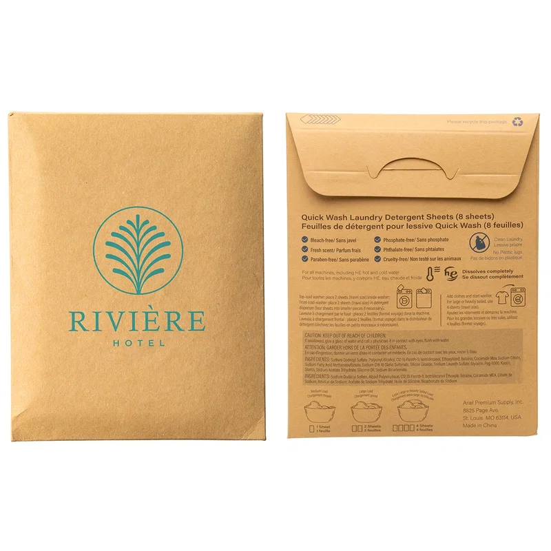 Custom Quick Wash Laundry Detergent Sheets, front view of the branded packaging