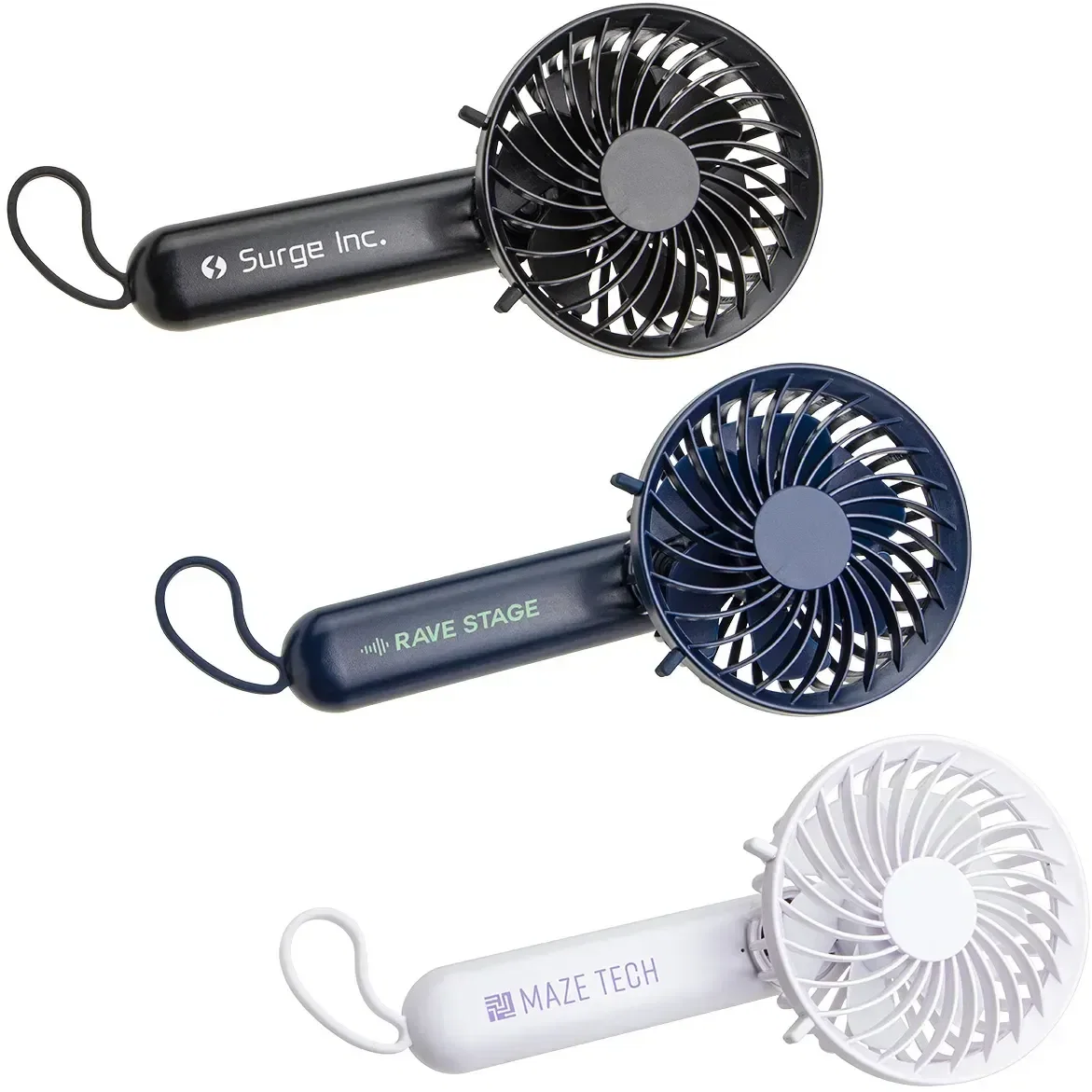 Custom Quiet Breeze 1200mAh carabiner hand fan with branded logo, front view