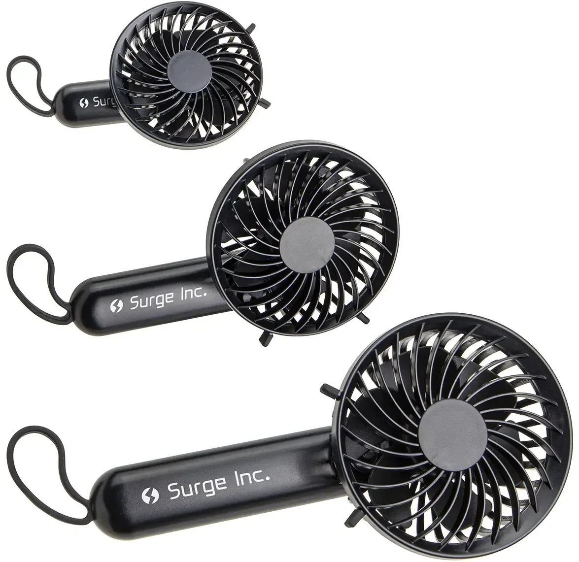 Promotional Quiet Breeze hand fan clipped by carabiner to a bag