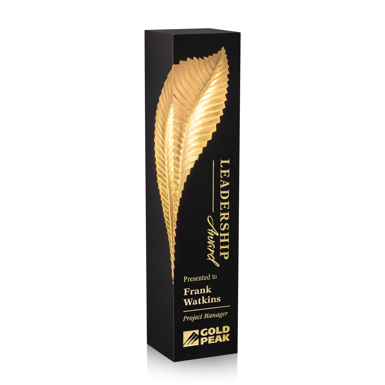 Custom Molded Gold Quill Award in Clear Lucite on Black Polystone Base, awards for employee recognition