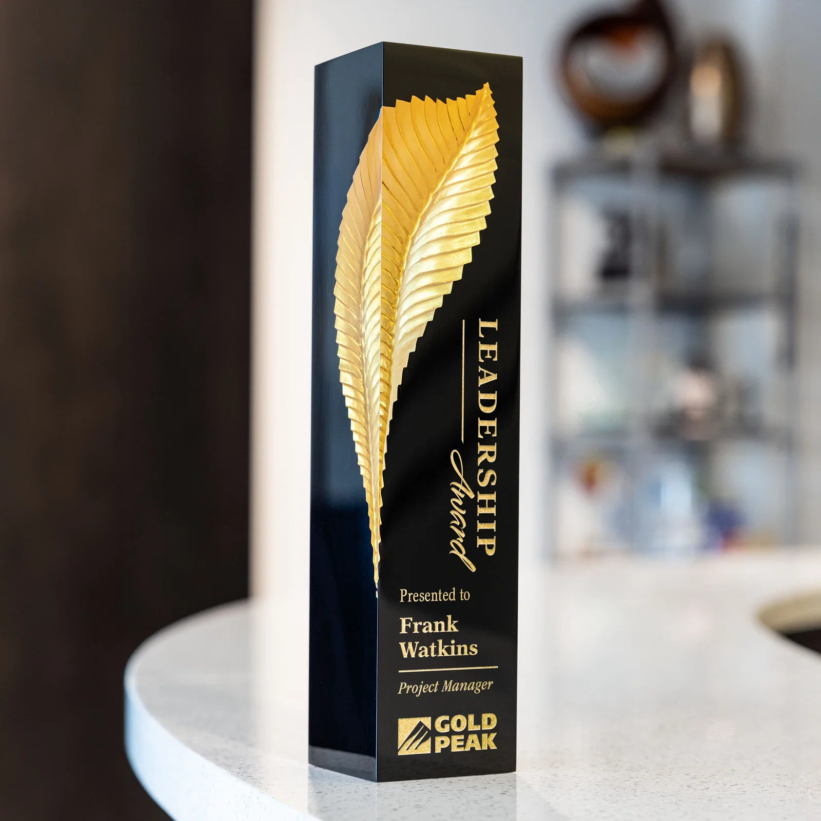 Custom Molded Gold Quill Award in Clear Lucite on Black Polystone Base, awards for service anniversary gifts