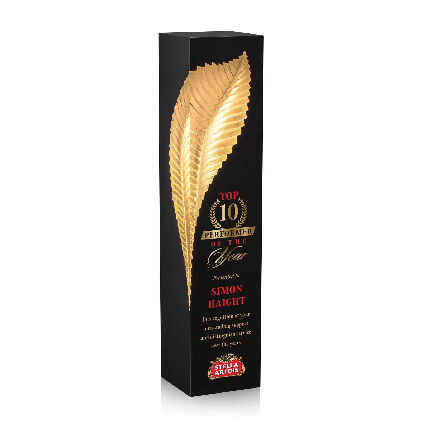 Custom Molded Gold Quill Award in Clear Lucite on Black Polystone Base, awards for sales achievement awards