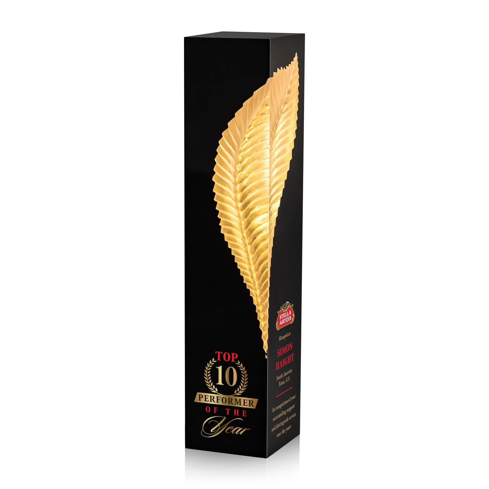 Custom Molded Gold Quill Award in Clear Lucite on Black Polystone Base, awards for retirement presentations