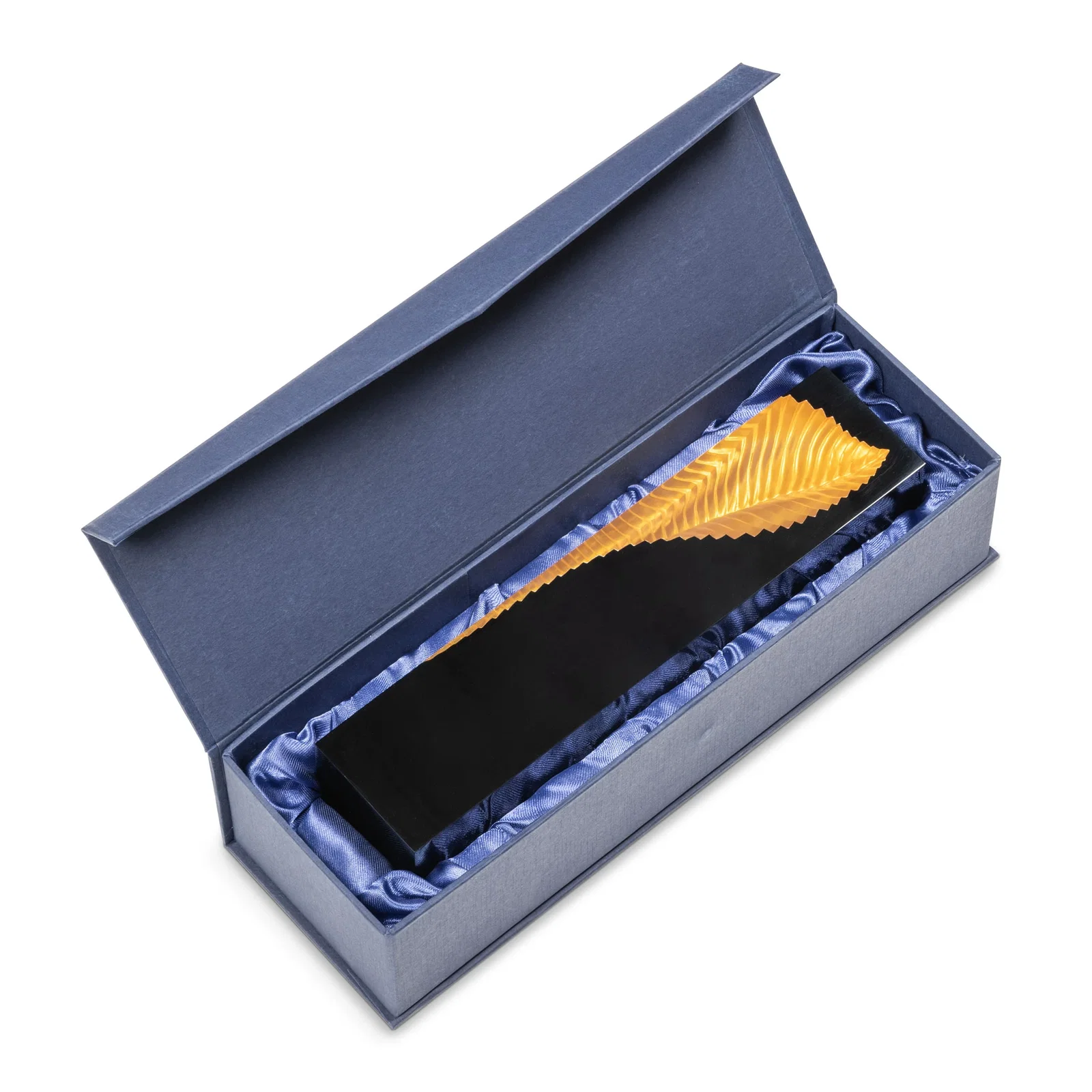 Custom Molded Gold Quill Award in Clear Lucite on Black Polystone Base, awards for team milestone celebrations