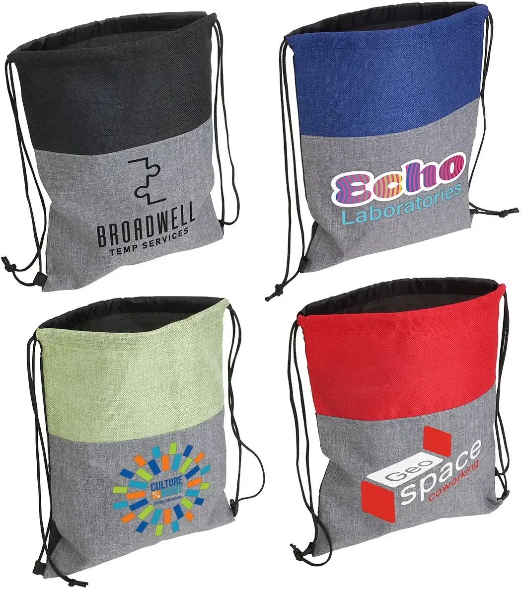 Custom Quill Non-Woven Nylon Drawstring Backpack, branded cinch bag with non-woven front and nylon back, front view