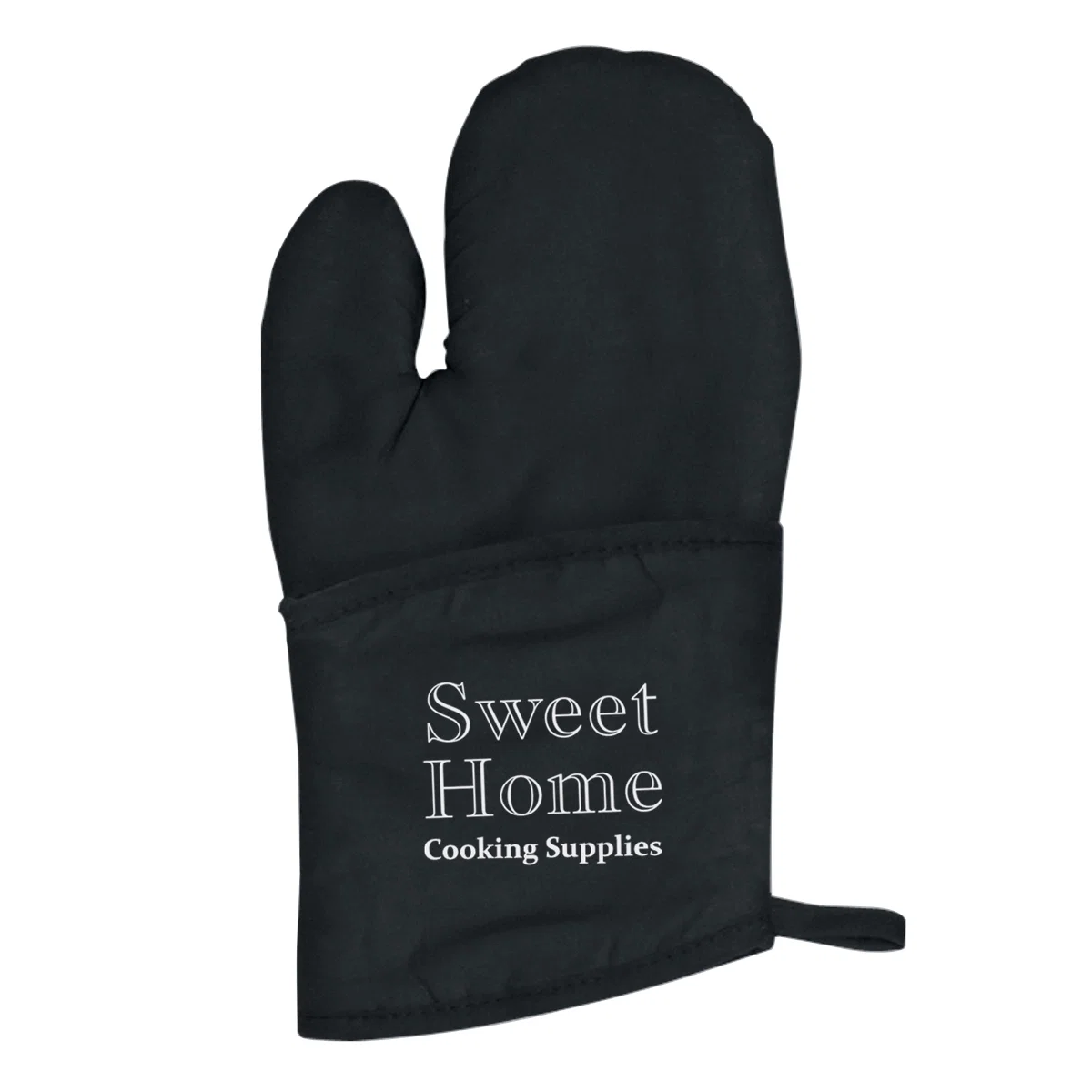 Quilted cotton canvas oven mitt laid flat with the cuff facing forward