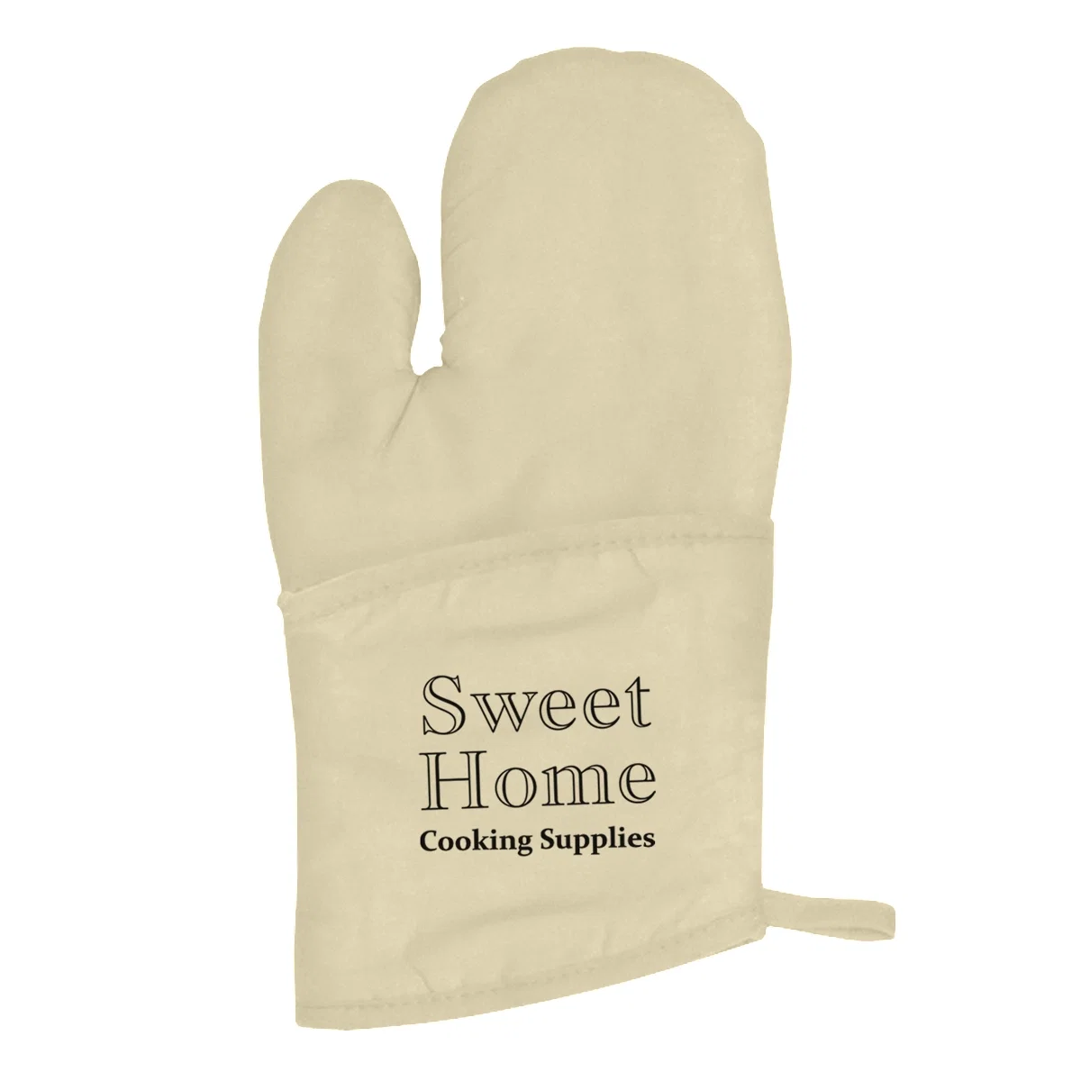 Padded thumb and stitched palm of the kitchen mitt shown up close
