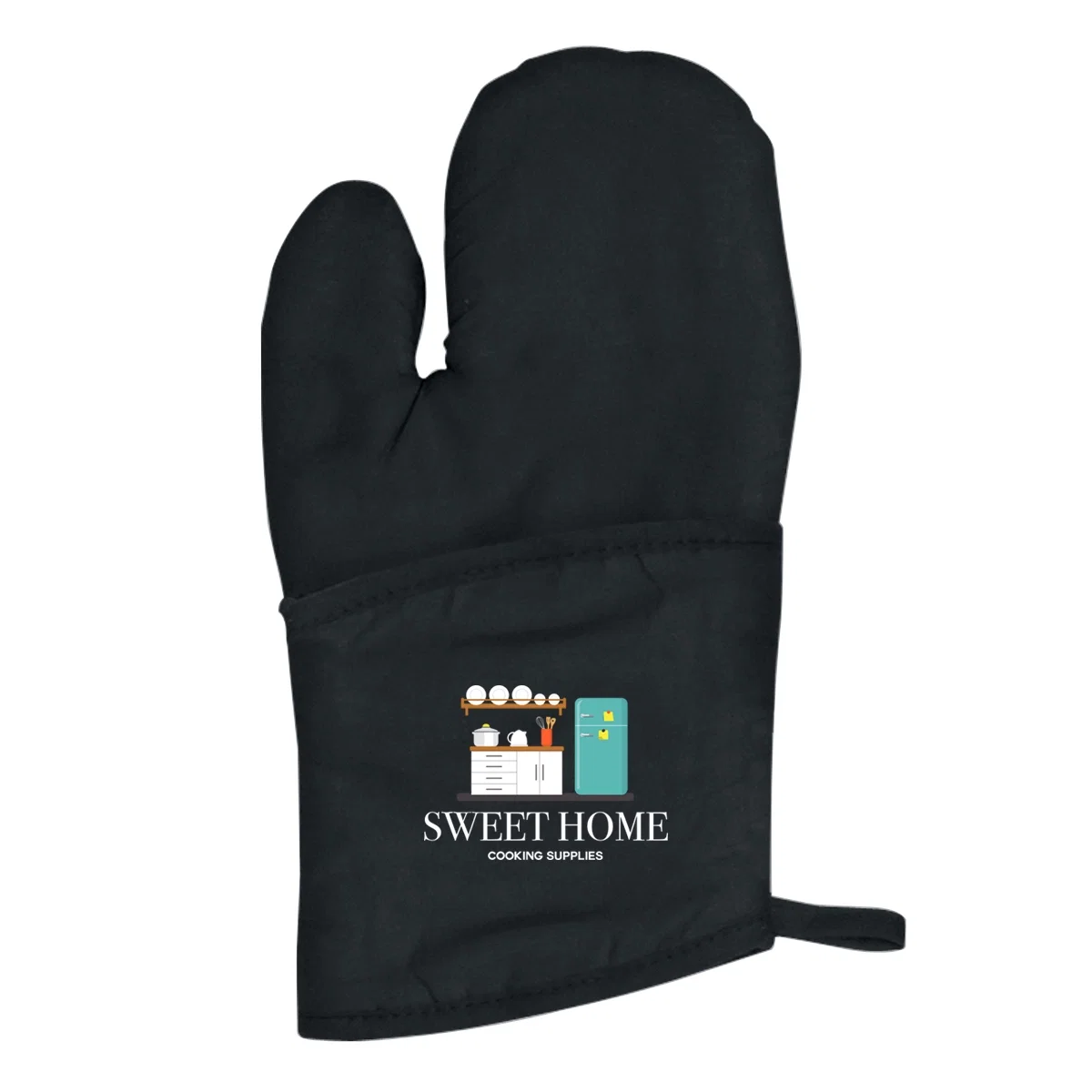 Hand slipped inside the quilted glove while lifting a baking tray