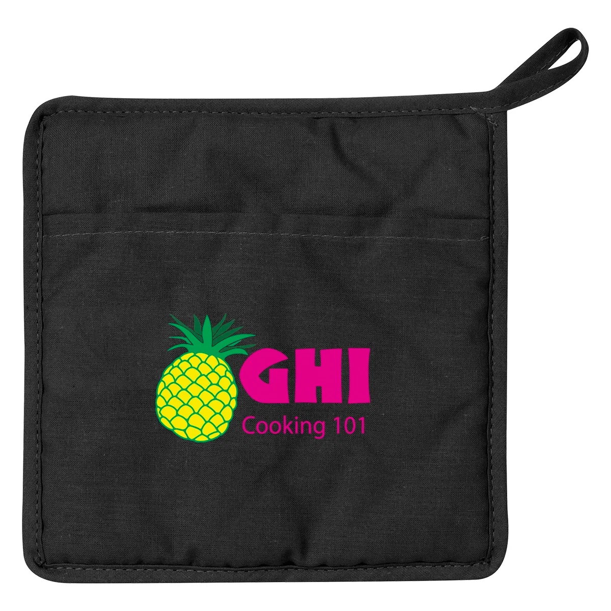 The hanging loop of the pot holder with the canvas face facing the camera