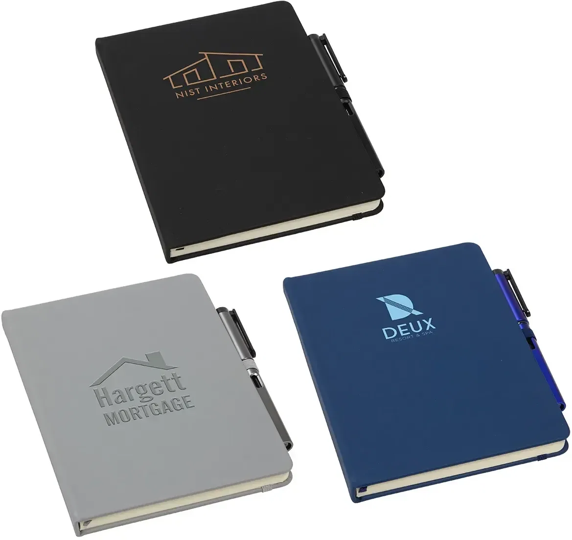 Custom branded Quorum soft touch journal, front cover of the promotional journal with gel pen and logo space