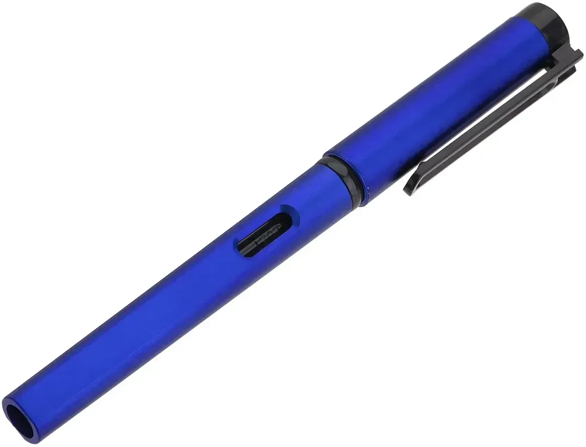 Angled view of the branded Quorum journal with a gel pen in its elastic loop, custom promotional journal