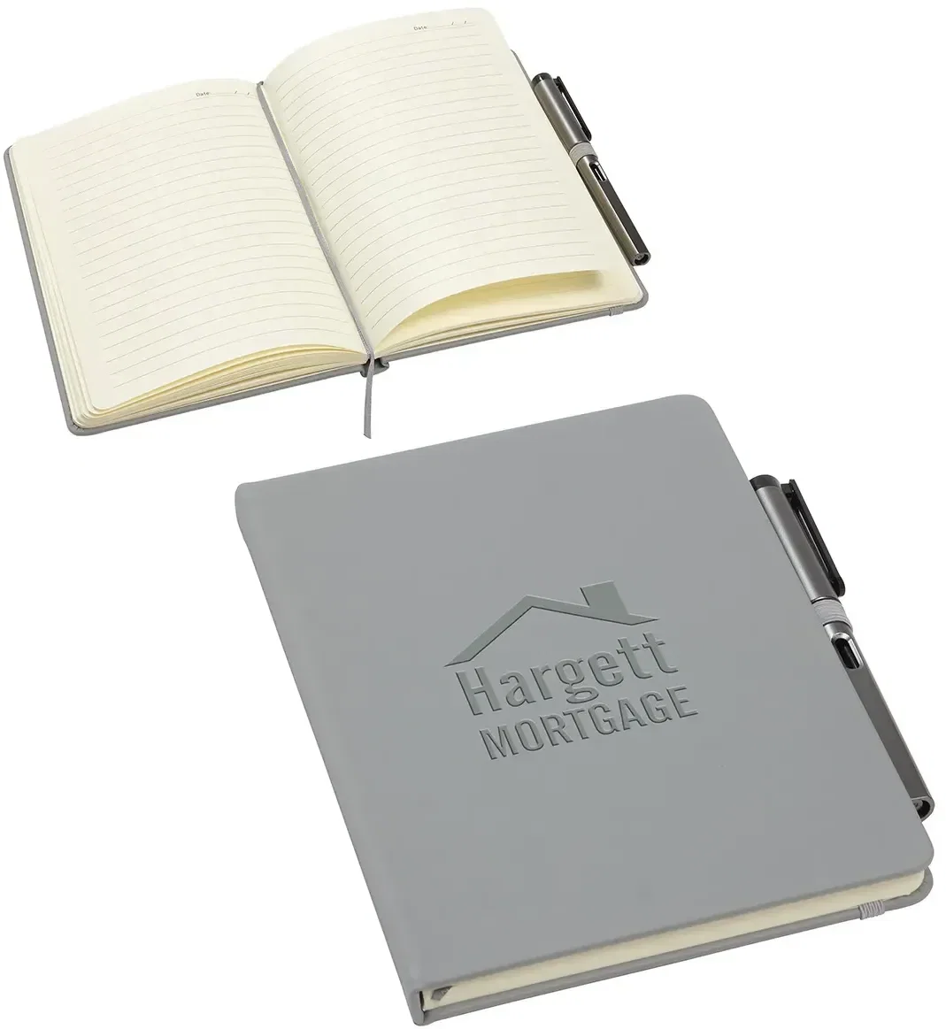 Close-up of the promotional Quorum journal soft-touch cover, custom branded journal with gel pen detail
