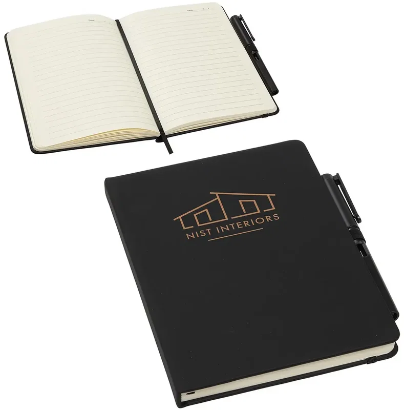 Detail of the branded Quorum journal and gel pen set, custom promotional soft touch journal gift