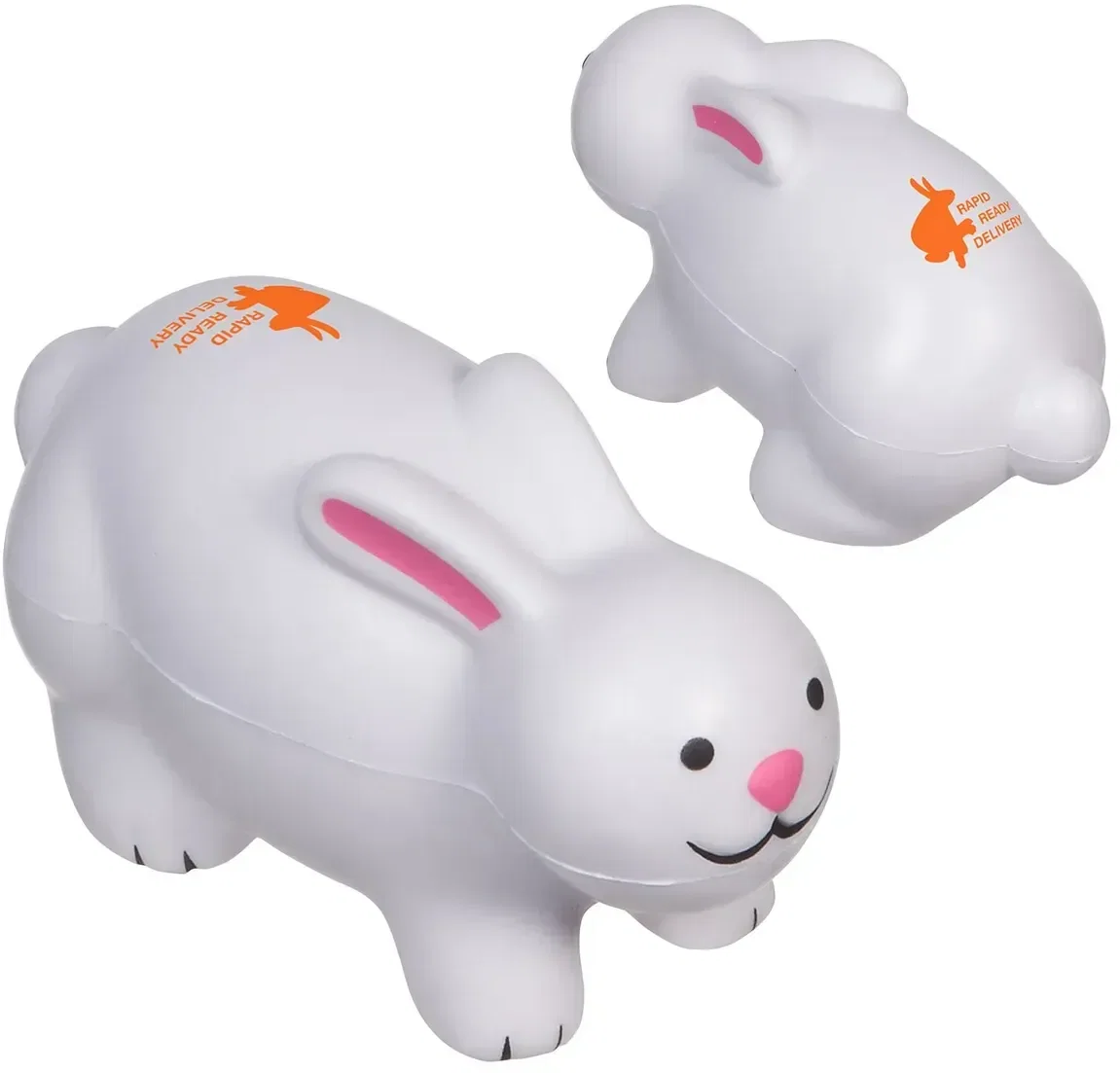 Custom Rabbit Stress Reliever shaped like a rabbit, molded foam squeeze toy with promotional logo